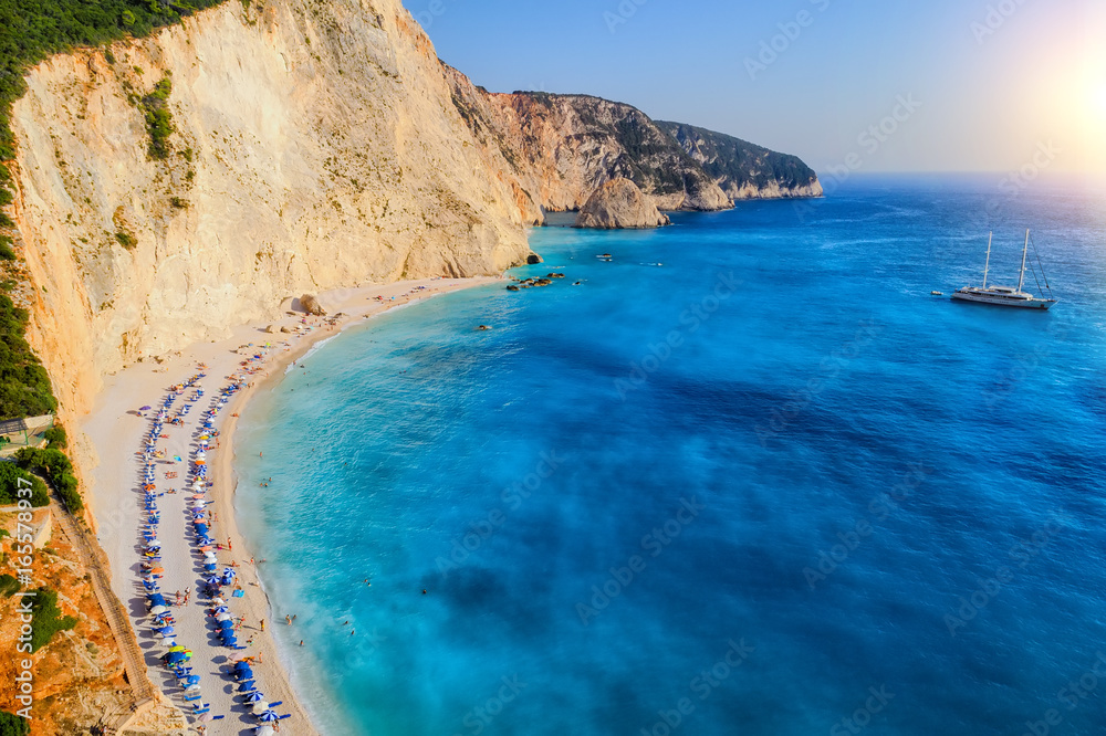 Aerial view of the famous beach of Porto Katsiki on the island of Lefkada in the Ionian Sea in Greece