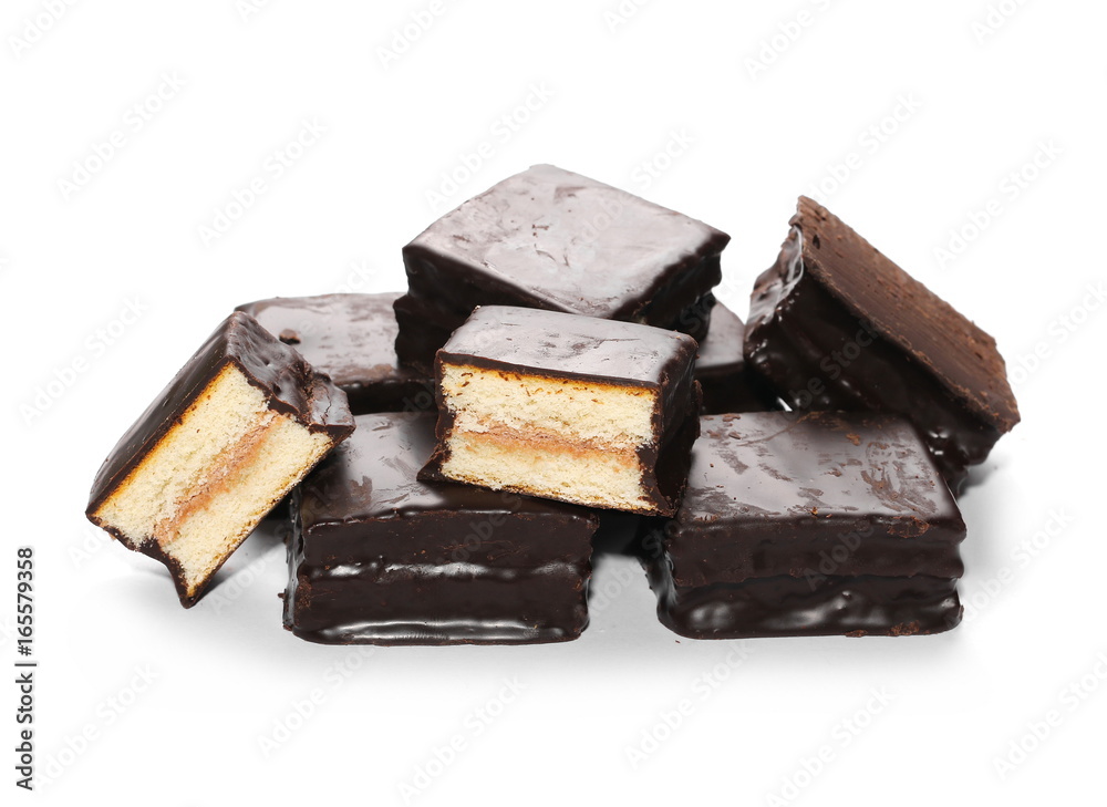 Chocolate cake bars and slices isolated on white background Chocolate cake bars and slices isolated on white background