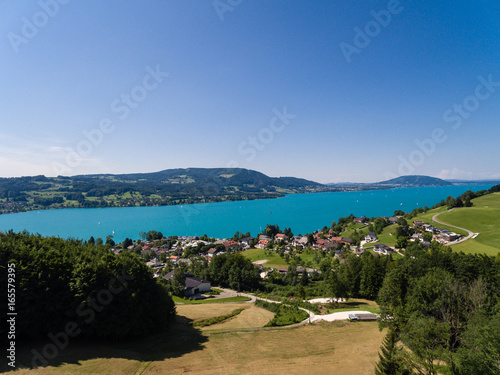 AERIAL view of Attersee lake,  Attersee, Upper Austria, Austria © luftklick