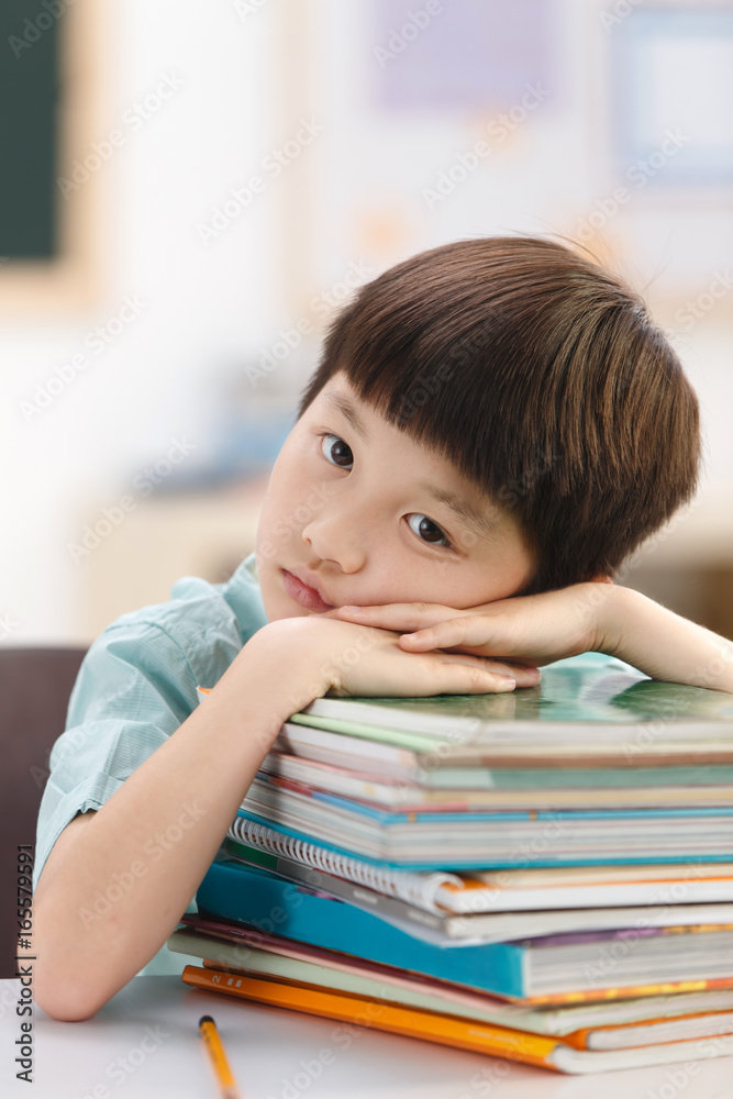 Portrait school boy with stack of books Portrait school boy with stack of books