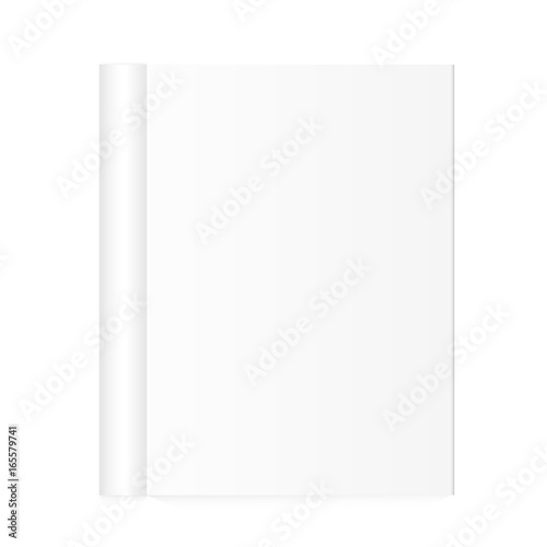Blank open magazine template with rolled pages on white background. Vector illustration. EPS10.