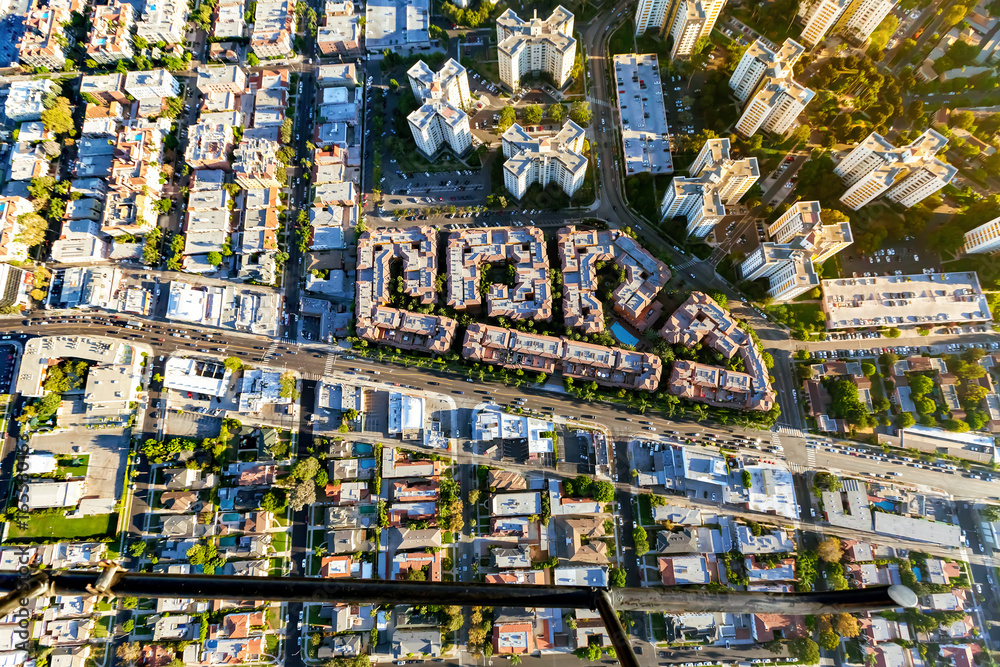 Aerial view of buildings on near Wilshire Blvd in Westwood, Los Angeles, CA