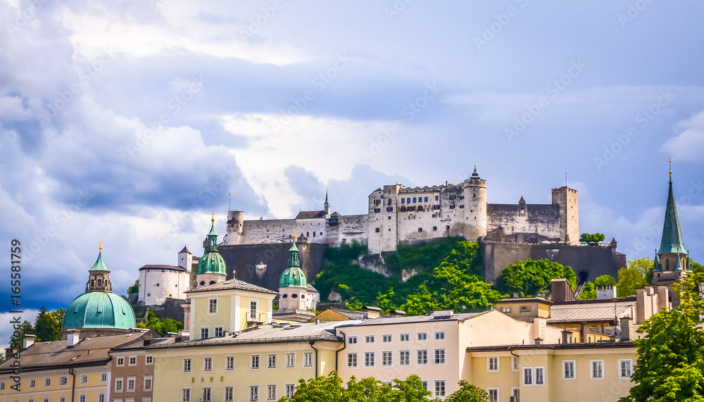 Beautiful view of Fortress Hohensalzburg  in summer, Salzburg, Salzburger Land, Austria
