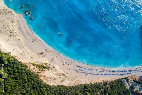 Aerial view of the famous beach of Porto Katsiki on the island of Lefkada in the Ionian Sea in Greece © ververidis