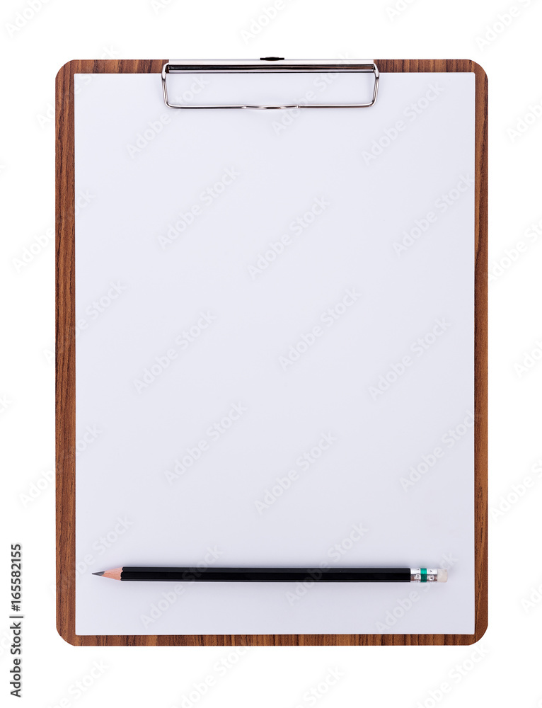 Blank paper on wooden clipboard with space on white background Blank paper on wooden clipboard with space on white background