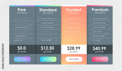 Set of offer tariffs. ui ux vector banner for web app. set of pricing table, order, box, button, list with plan for website in flat design.