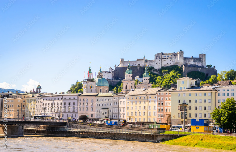 Beautiful view of Salzburg,  Fortress Hohensalzburg  and Salzach river in summer, Salzburg, Salzburger Land, Austria