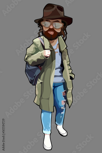 Cartoon man in tattered clothes with a beard and in a hat
