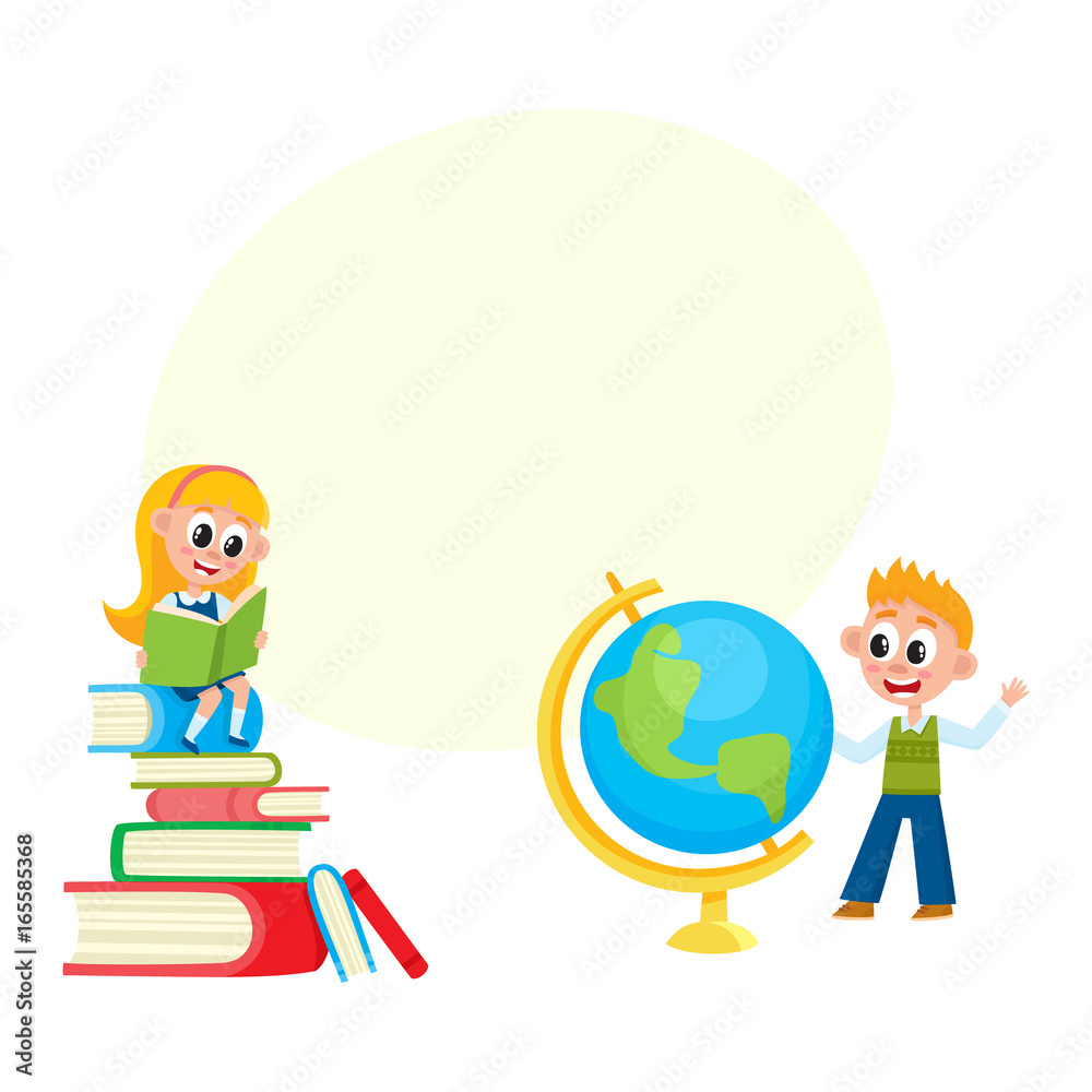 Learning children, girl reading, boy studying globe, back to school, cartoon  vector illustration isolated on white background with speech bubble Stock  Vector | Adobe Stock