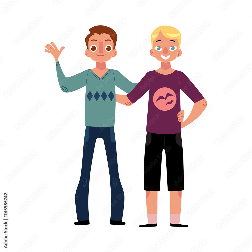 Male friendship - two boys, men, friends hugging each others, waving, cartoon vector illustration isolated on white background. Front view portrait of boys, men, friends standing, hugging each other Male friendship - two boys, men, friends hugging each others, waving, cartoon vector illustration isolated on white background. Front view portrait of boys, men, friends standing, hugging each other