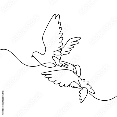 Continuous one line drawing. Flying two pigeons logo. Black and white vector illustration. Concept for logo, card, banner, poster, flyer