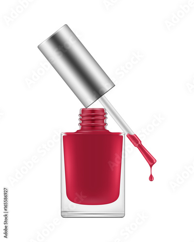 Nail polish realistic. Red bright deep rich classic color for manicure, open with a drop. Beauty and care concept. Vector illustration on white background