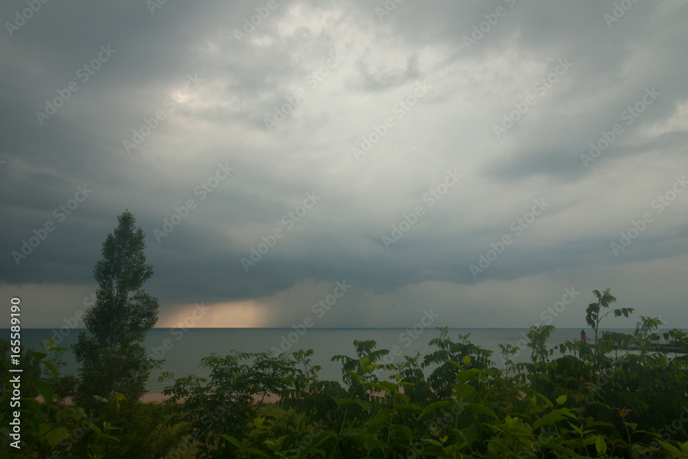 Rainstorm over Lake Michigan from the coast.