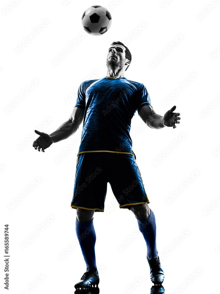 one caucasian soccer player man playing in silhouette isolated on white background one caucasian soccer player man playing in silhouette isolated on white background