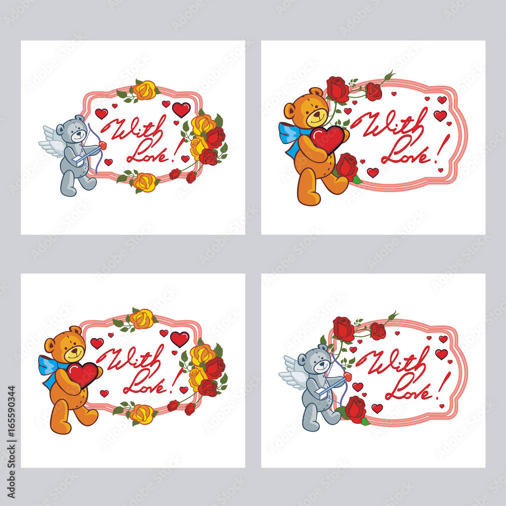 Naklejka premium Set of cute labels with roses, teddy bear, hearts and written phrase 