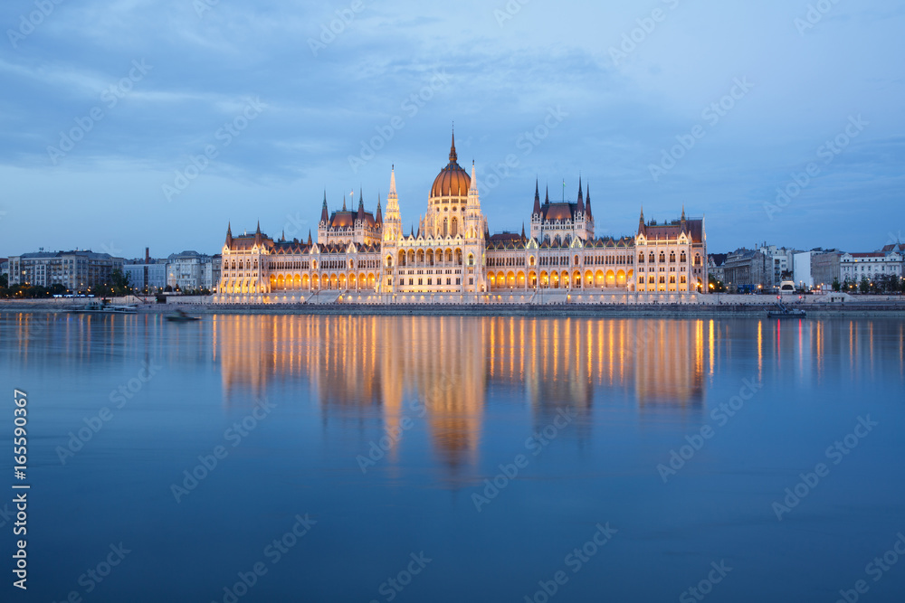 Budapest Parliament building at evening on the Danube river