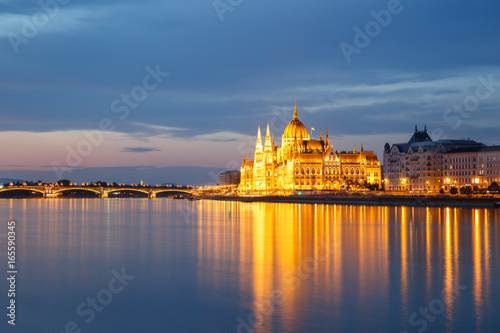 View of Budapest with the Parliament building and Margaret Bridge at sunset