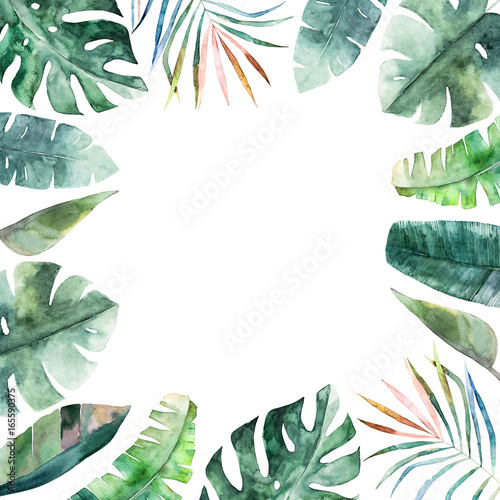 Watercolor frame with tropical jungle leaves.Hand drawn aloha illustration
