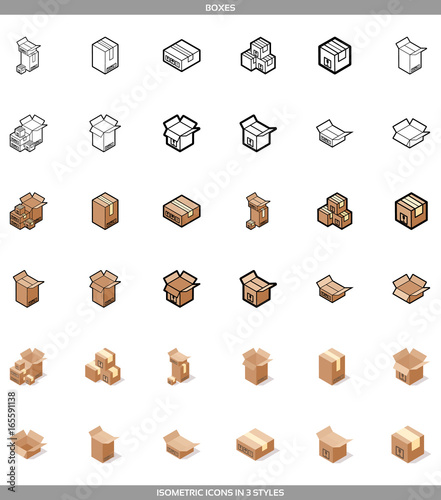 Isometric carton packaging boxes set in three styles with postal signs this side up fragile vector illustration
