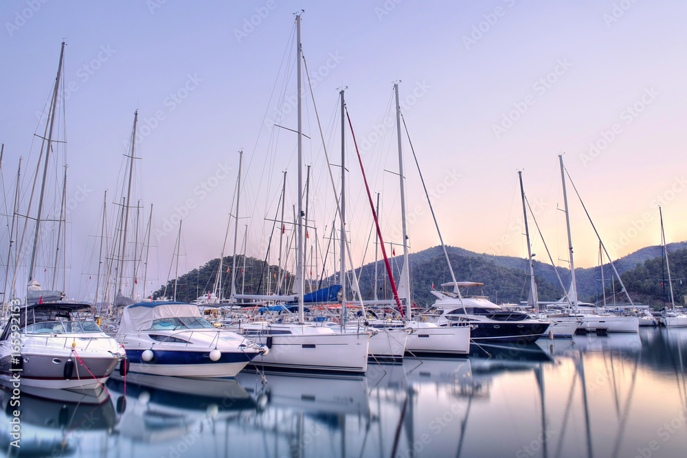 Yachts parking in harbor at sunset, Harbor yacht club in Gocek, Turkey