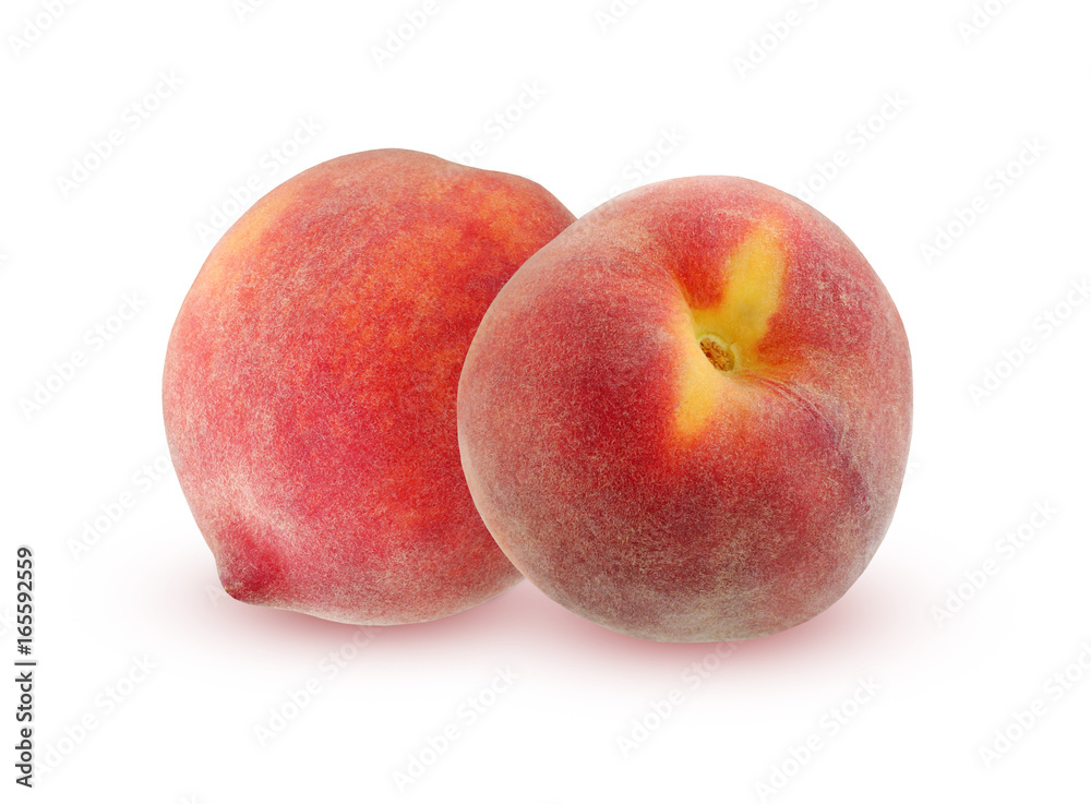 Two peaches with shadow, isolated on white background.