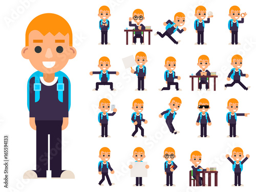 School Boy Student Pupil in Different Poses and Actions Teen Characters Kid Icons Set Isolated Education Knowledge Flat Design Vector Illustration