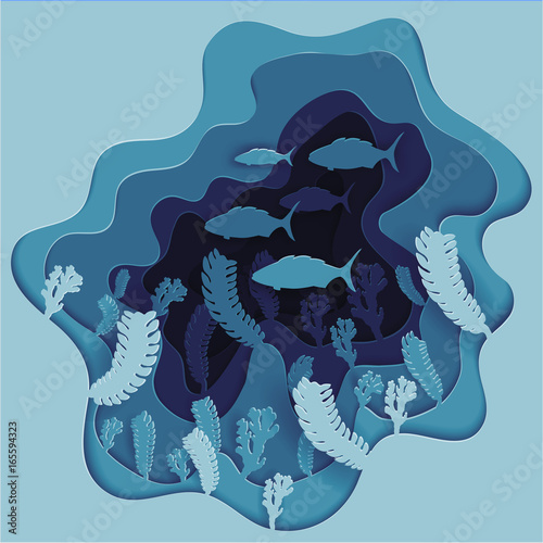  illustration of a school of fish on the seabed in algae