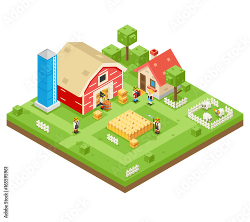 Village Agriculture Farm Rural House Building Isometric 3d Lowpoly Icon Real Estate Garden Symbol Meadow Background Flat Design Vector Illustration