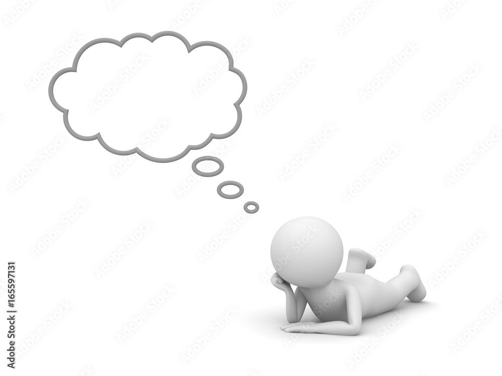 3d man lying on his stomach and thinking with blank thought bubble isolated over white background with shadow . 3D rendering. 3d man lying on his stomach and thinking with blank thought bubble isolated over white background with shadow . 3D rendering.