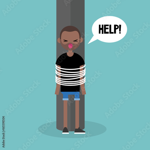 Young black tied up character calling for help / flat editable vector illustration, clip art