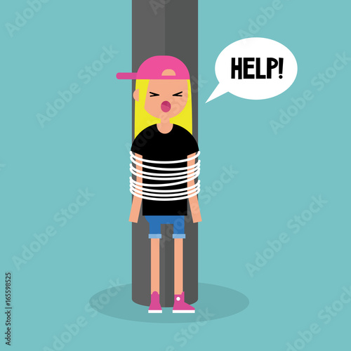 Young female tied up character calling for help / flat editable vector illustration, clip art