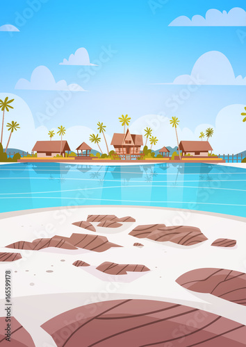 Sea Shore Beach With Villa Hotel Beautiful Seaside Landscape Summer Vacation Concept Flat Vector Illustration