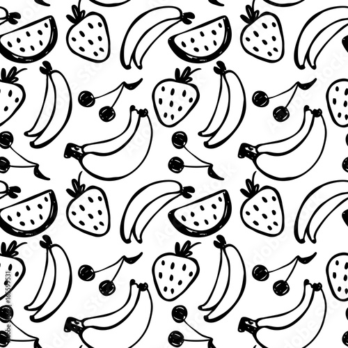 Vector seamless cartoon pattern with banana, strawberry, cherry. Hand drawn black and white fruits pattern for paper, textile, handmade decoration, scrap-booking, polygraphy, clothes, cards.
