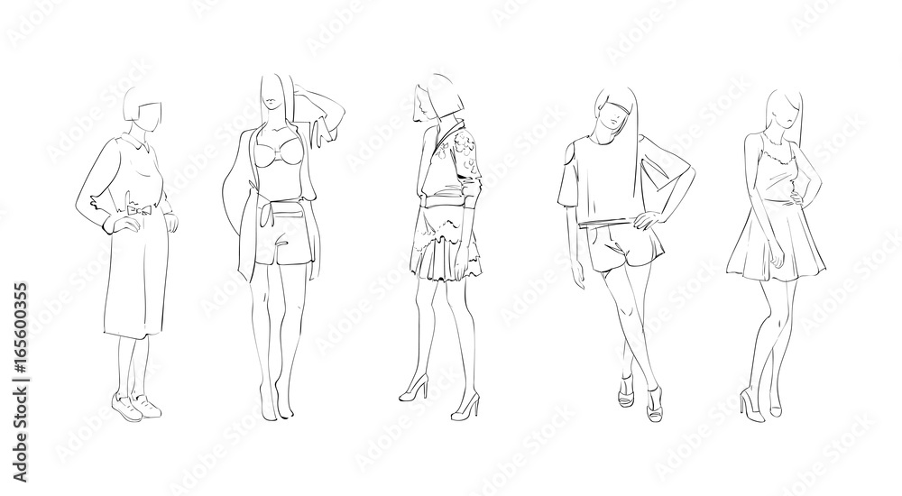 Fashion Collection Of Clothes Female Models Set Wearing Trendy Clothing Vector Illustration