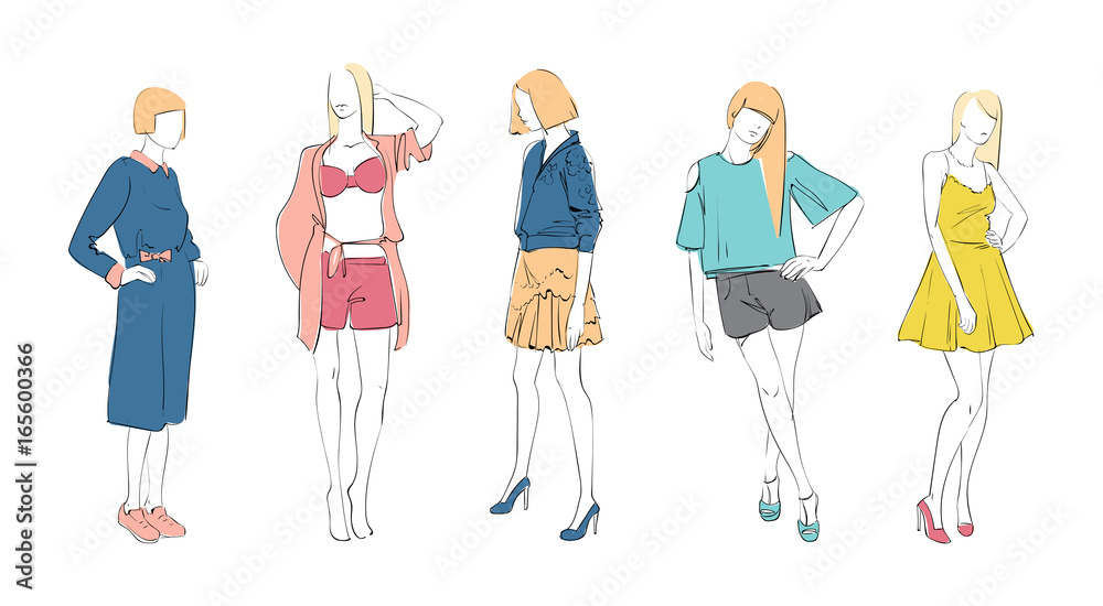 Fashion Collection Of Clothes Female Models Set Wearing Trendy Clothing Vector Illustration Fashion Collection Of Clothes Female Models Set Wearing Trendy Clothing Vector Illustration