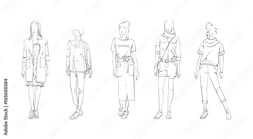 Fashion Collection Of Clothes Female Models Set Wearing Trendy Clothing Vector Illustration Fashion Collection Of Clothes Female Models Set Wearing Trendy Clothing Vector Illustration