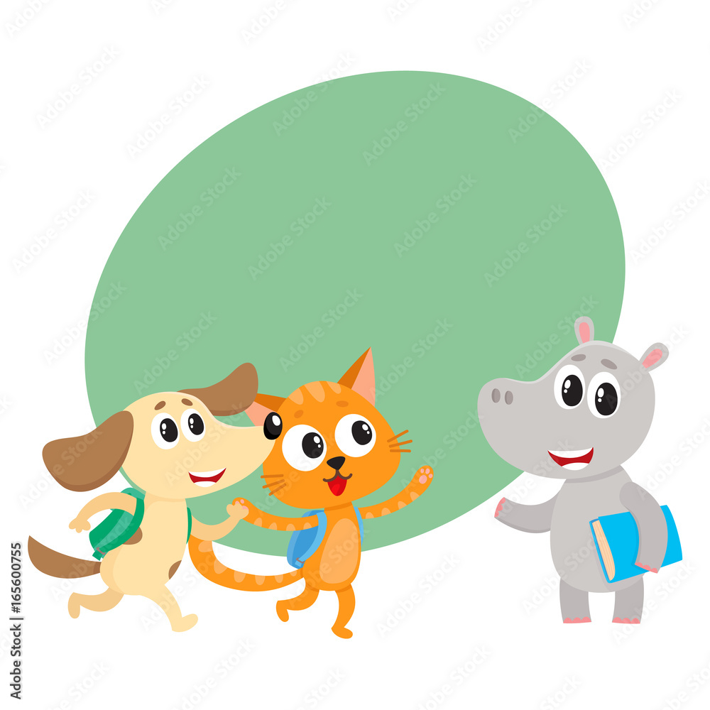 Cute animal student characters, cat, dog andhippo holding book, meeting in  class, cartoon vector illustration with space for text. Little animal  student characters, back to school concept Stock Vector | Adobe Stock