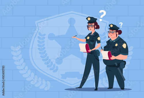 Two Police Women Holding Boxes With Office Staff Fired Wearing Uniform Female Guards On Blue Bricks Background Flat Vector Illustration
