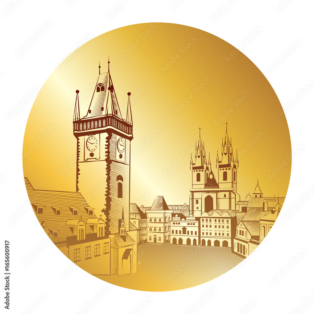 Prague Vintage drawing on a gold background. Ancient city engraving in a round frame.