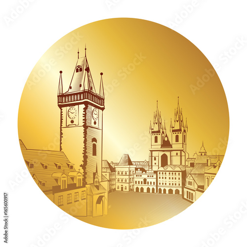 Prague Vintage drawing on a gold background. Ancient city engraving in a round frame.