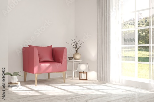 White room with red armchair and summer landscape in window. Scandinavian interior design. 3D illustration © AntonSh