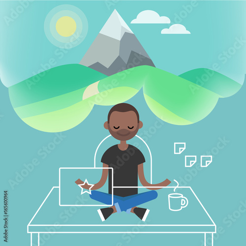 Dealing with stress. Young black character meditating in lotus pose with closed eyes in office. Yoga and meditation / flat editable vector illustration, clip art