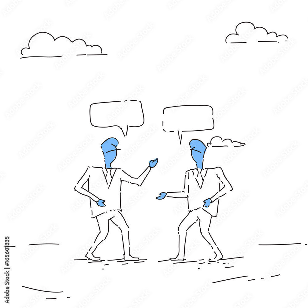 Fototapeta premium Two Abstract Businessman Talking Chat Box Bubble Communication Concept, Business Man Sketch Vector Illustration