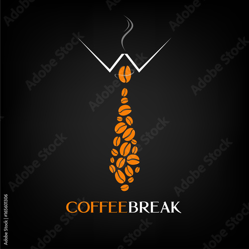 Fashion style design coffee logo with a tie vector illustration. Creative idea coffee beans banner or poster.  Coffee break text. Funny coffee poster.