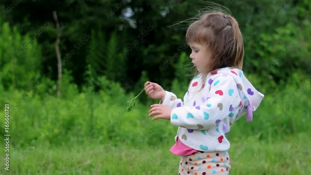 Pretty girl standing and playing with grass , wind blowing in her hair Pretty girl standing and playing with grass , wind blowing in her hair