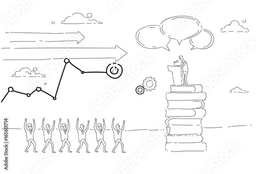 Business Man Leading Tribune Speech In Front Of Cheerful Business people, Group Conference Meeting Seminar Vector Illustration