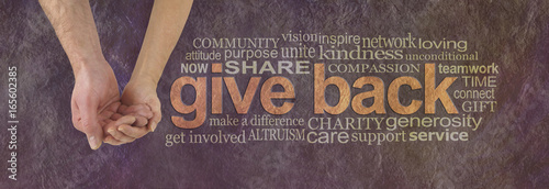 Please donate to our cause - campaign banner with female hand holding male cupped hand on left and a GIVE BACK word cloud  on right against a rustic parchment background
