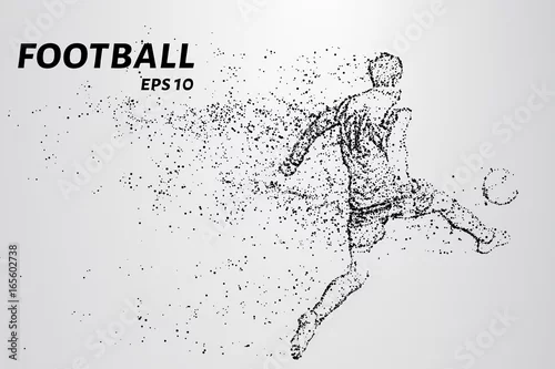 Obraz Piłka nożna cząstek unosi się na wietrze. Sylwetka piłkarza z kręgów.