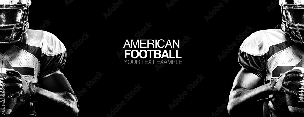Fototapeta Pojęcie sportu. Futbol amerykański sportowca gracz na czarnym tle z kopii przestrzenią. Pojęcie sportu.
