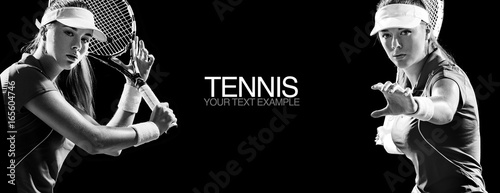 Sport concept. Sports woman tennis player with a racket. Copy space. Black and white photo. Sport concept. © Mike Orlov